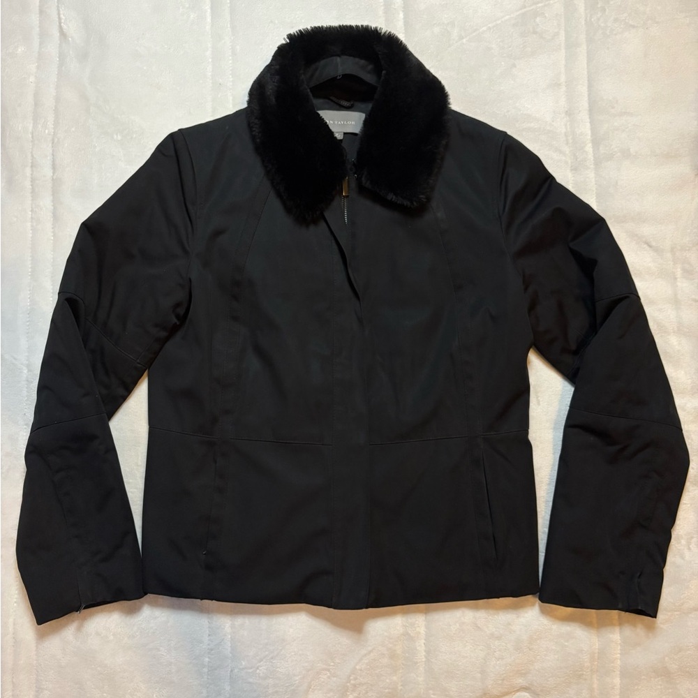 Ann Taylor Black Puffer Jacket with Faux Fur Collar